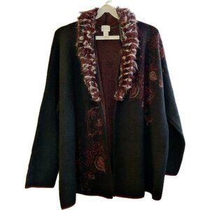CHICO'S Sequin Beaded Cardigan Sweater Sz 3 (XL) Black/Red 3/4 Sleeve Faux Fur